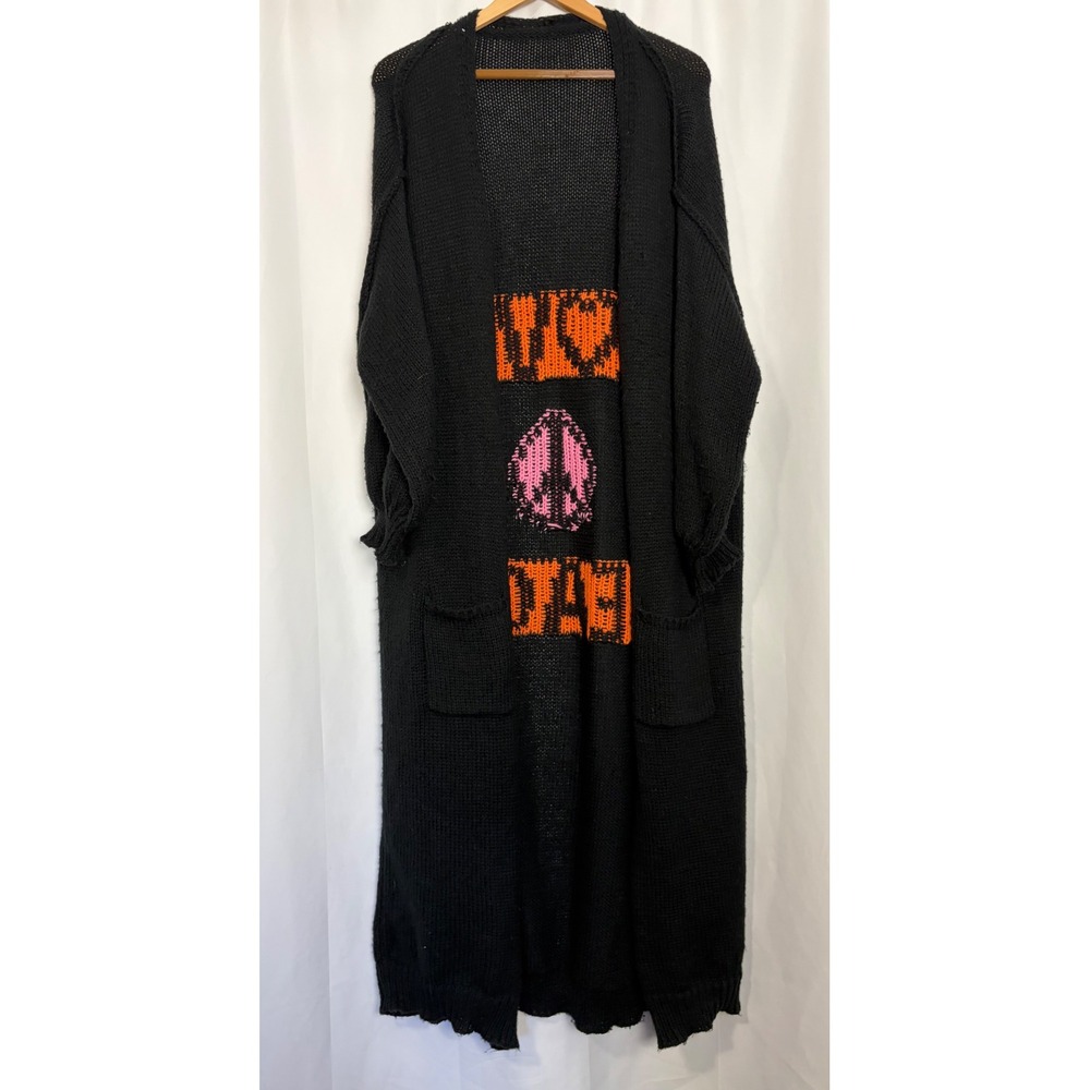 Women Black Boho Love Peace Hippie Longline Knit Duster Cardigan Sweater 3X